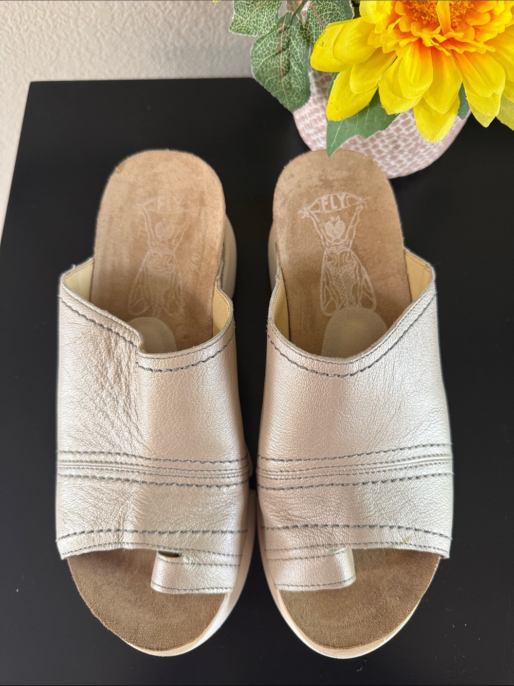 Fly London Metallic Taupe Slide Mules with White Sole - Picture 8 of 14
